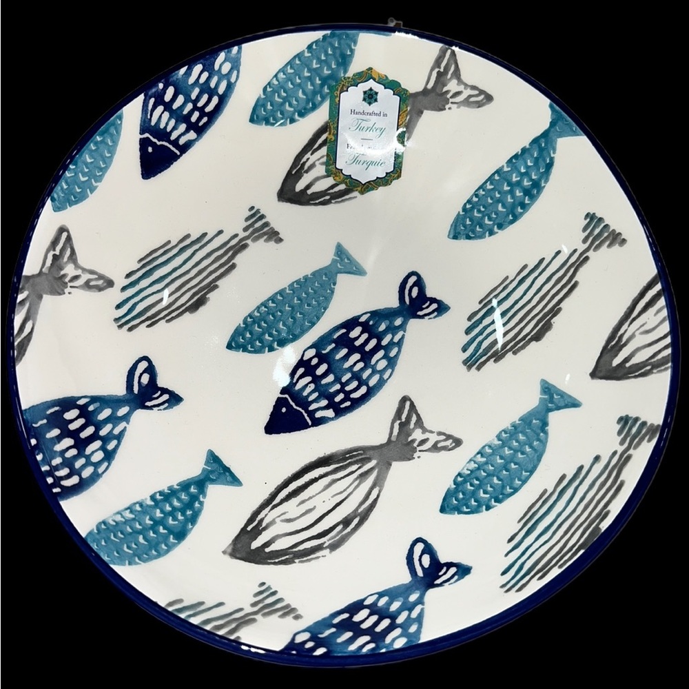 x2 Papart Ceramic Turkish Coastal Blue Fish hand painted Pasta Salad Bowls New